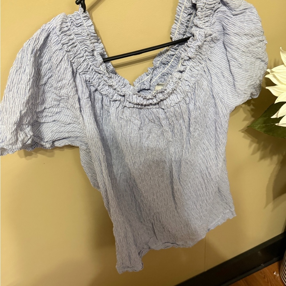Smocked Square-Neck Short Sleeve Top - Light Blue